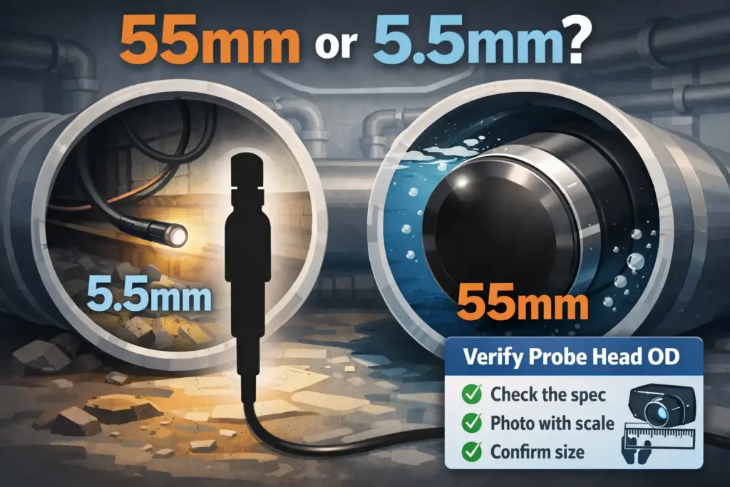 Endoscope inspection concept highlighting “55mm vs 5.5mm” confusion and a “verify the probe OD” checklist