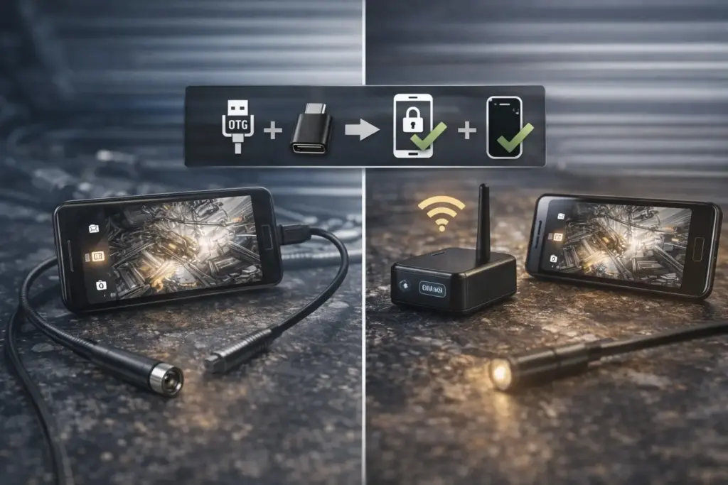 "Android endoscope camera guide showing a phone connected to a wired borescope and a Wi-Fi borescope, with a checklist overlay for OTG, adapter, and app compatibility.