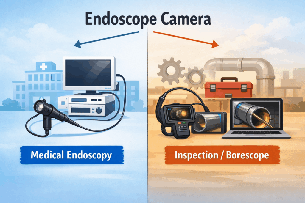 A label-map diagram showing two branches from the phrase “endoscope camera”: (A) medical endoscope/endoscopy system, (B) inspection camera/borescope connected to phone/PC.