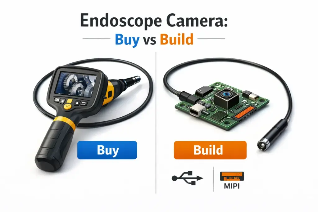 Split-view illustration of a handheld borescope versus an OEM endoscope camera module with “Buy vs Build” labels