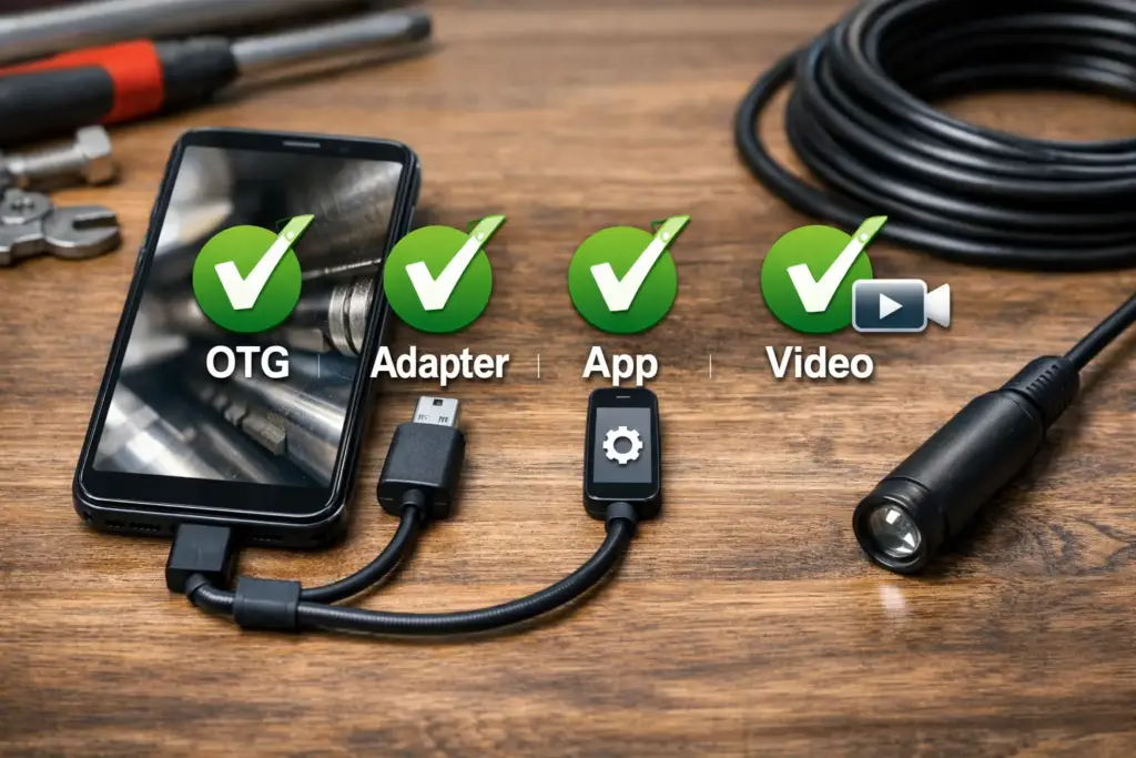 An Android phone connected to an inspection endoscope camera, with a simple overlay showing “OTG / Adapter / App / Video” as a compatibility checklist