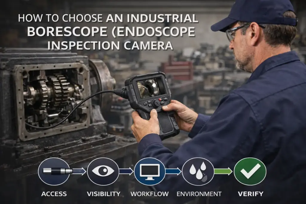 Technician performing remote visual inspection with a handheld industrial videoscope on machinery in a workshop