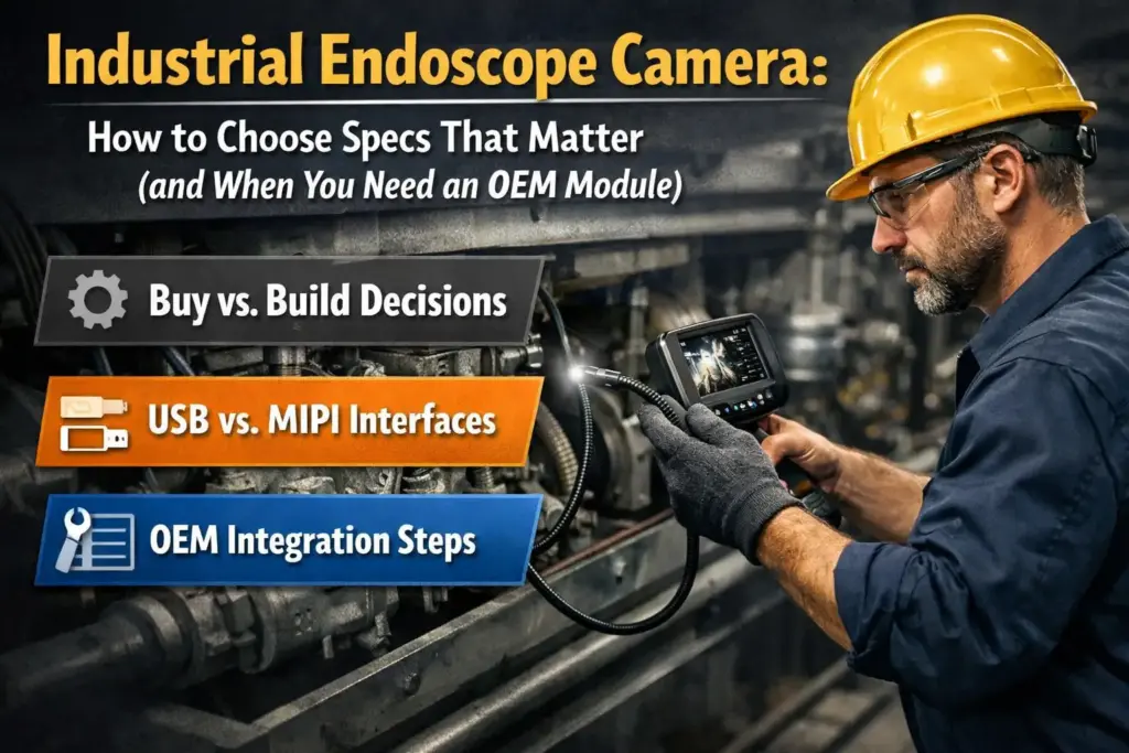 Technician using an industrial endoscope/borescope to inspect a tight mechanical cavity
