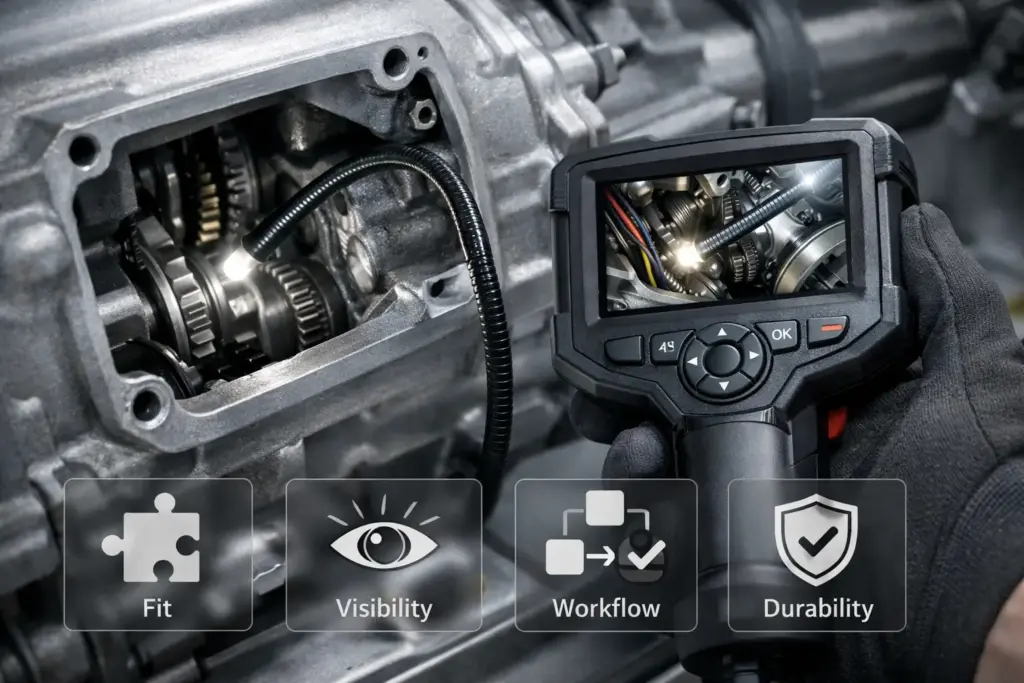 Handheld inspection camera and flexible probe inspecting a tight mechanical cavity, emphasizing selection by fit, visibility, workflow, and durability