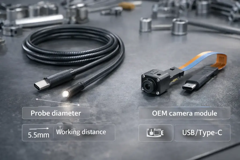 A compact “mini endoscope camera” decision scene showing a finished inspection borescope vs an OEM camera module on a workbench, with labels for diameter, working distance, and USB/Type-C compatibility.