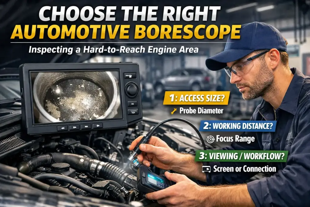 Mechanic using an automotive borescope to inspect a hard-to-reach engine area, with the camera view shown on a screen