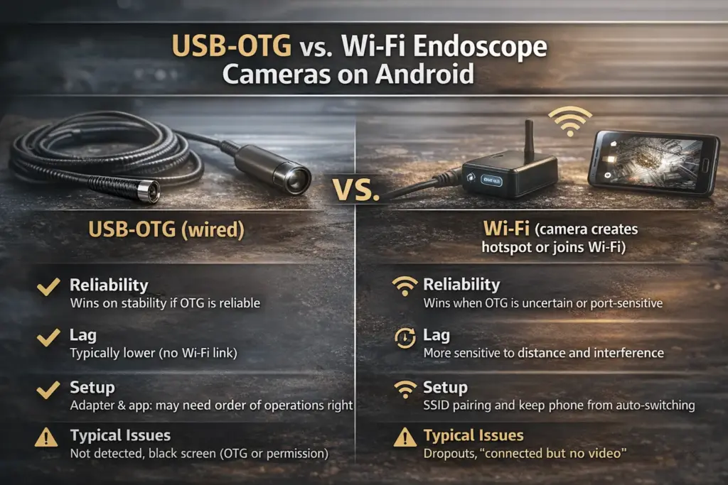 Best Endoscope Camera for Android: Compatibility Checklist, USB-OTG vs Wi-Fi, and Setup Fixes 2 Decision diagram comparing USB-OTG vs Wi-Fi endoscope cameras on Android with emphasis on reliability, lag, and setup friction