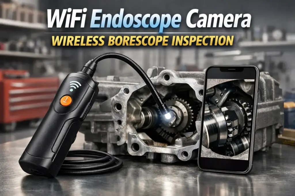 A wireless borescope (WiFi endoscope camera) streaming live video to a smartphone app in a workshop inspection scene