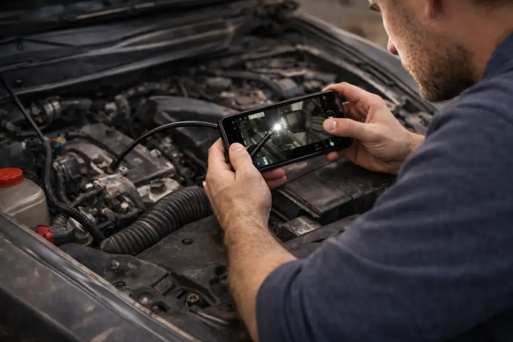 A technician using a phone-connected inspection borescope to check a tight cavity in a home or vehicle (neutral, non-branded).