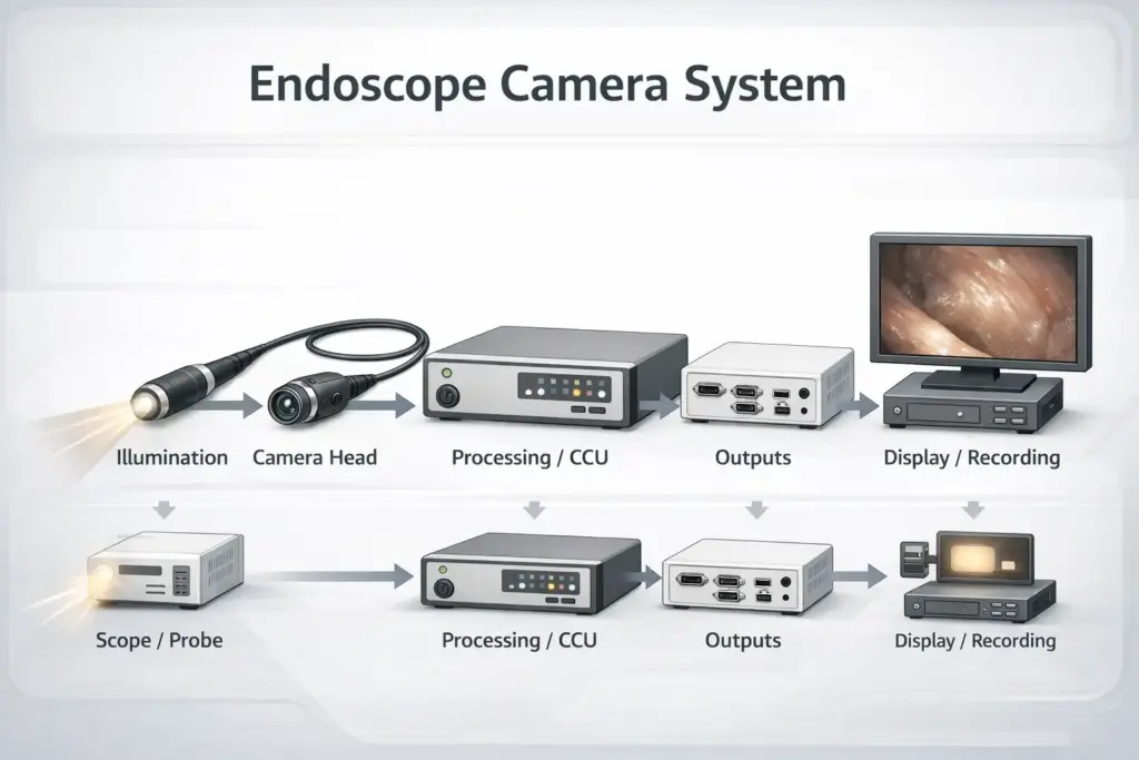 A neutral illustration of an endoscope camera system showing scope, camera head, processing unit, light source, and display/recording path