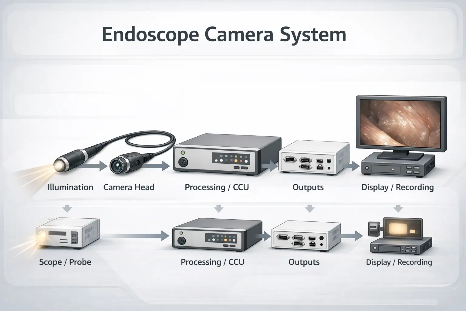A neutral illustration of an endoscope camera system showing scope, camera head, processing unit, light source, and display/recording path