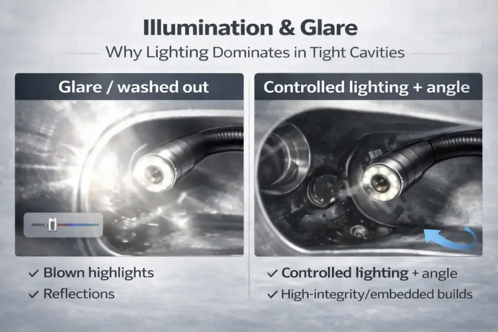 Articulating Endoscope Camera: What It Is + The Specs That Actually Matter 4 Illumination & glare Why lighting dominates in tight cavities