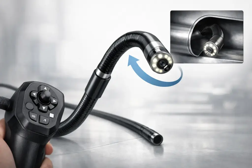 Articulating inspection camera with steerable tip concept