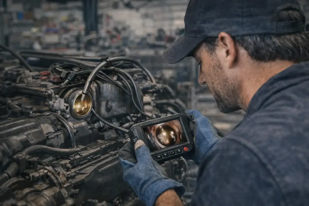 mechanic using a borescope to inspect an engine cylinder through a tight access point