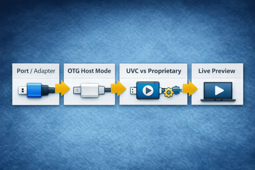 Balayard Plug-and-Play HD Endoscope Camera: Compatibility Checklist, OTG/UVC Setup, and Quick Fixes 1 Simple diagram showing the chain: Adapter/Port → OTG host mode → UVC/proprietary stream → App/Software → Live preview