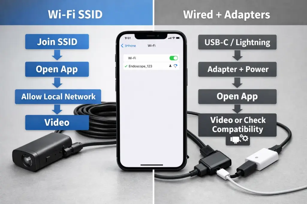 iPhone connected to an endoscope camera, with a simple "Wi-Fi vs wired" decision flow overlay