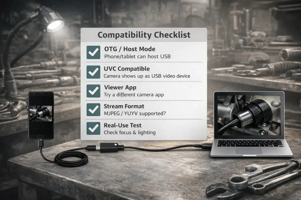 USB endoscope camera connected to a phone and a laptop with a simple “compatibility checklist” overlay