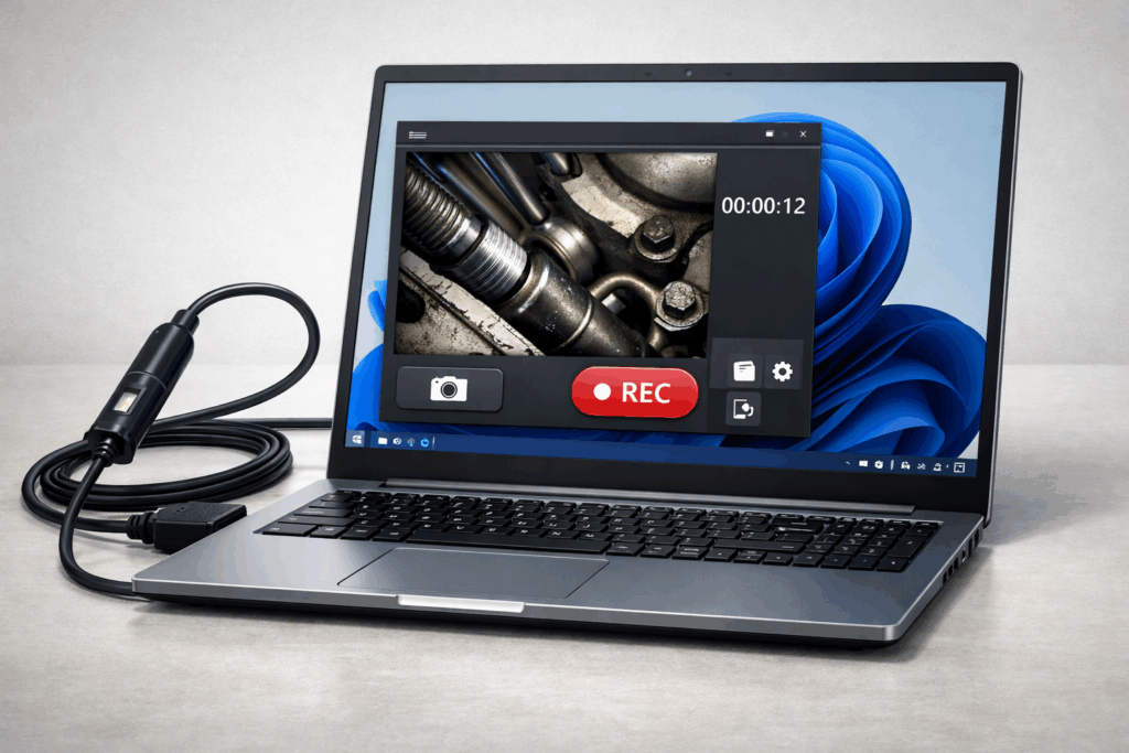 A USB endoscope/inspection camera plugged into a Windows 11 laptop showing a simple “preview + record” workflow
