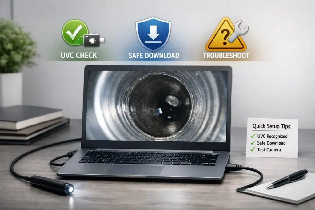 A USB endoscope/inspection camera being used on a Windows PC, with emphasis on safe setup and a clear decision path