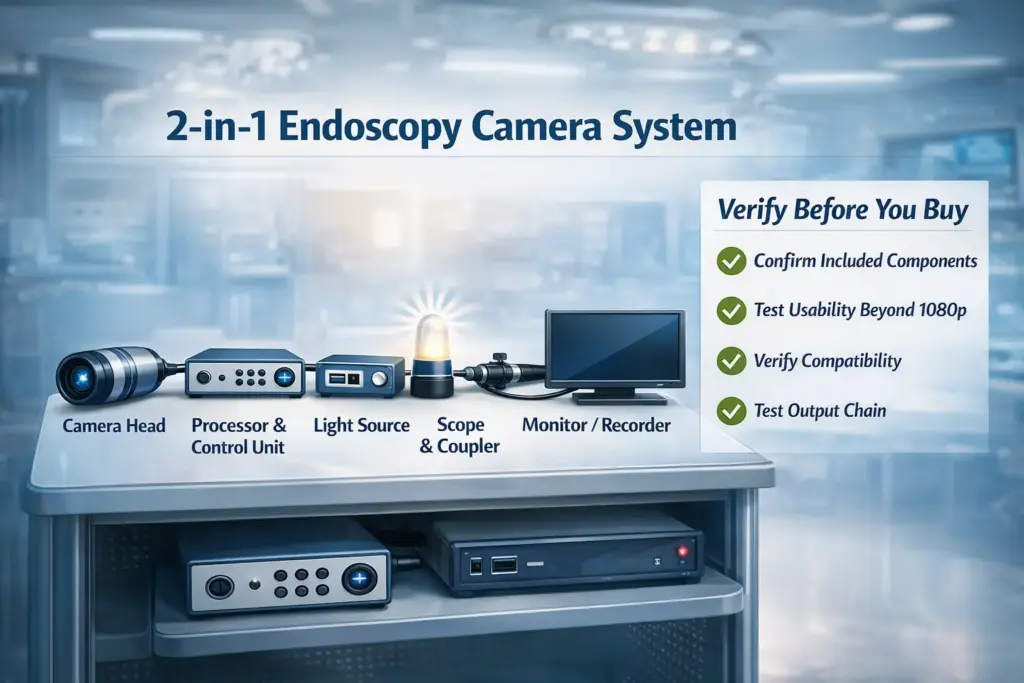 A clean infographic showing a 2-in-1 endoscopy camera system (camera + light) with a “verify before you buy” checklist;