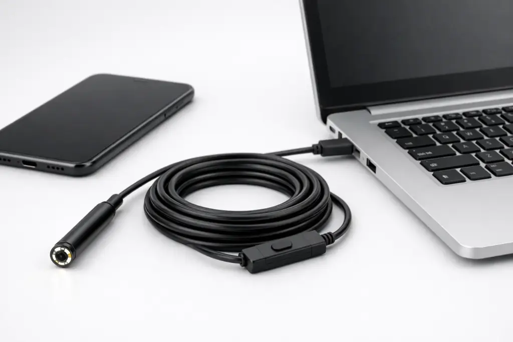 A 7mm USB endoscope camera shown with a phone and a laptop (neutral, no branding)