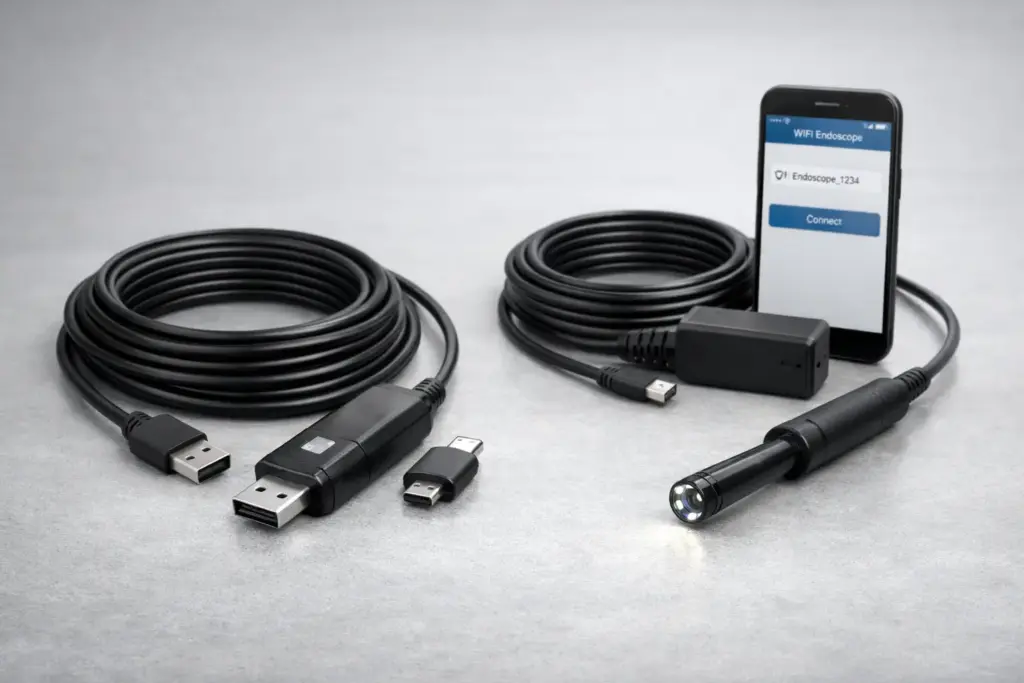An 8mm endoscope/borescope camera with a 2m cable, shown with USB and WiFi-style connection options