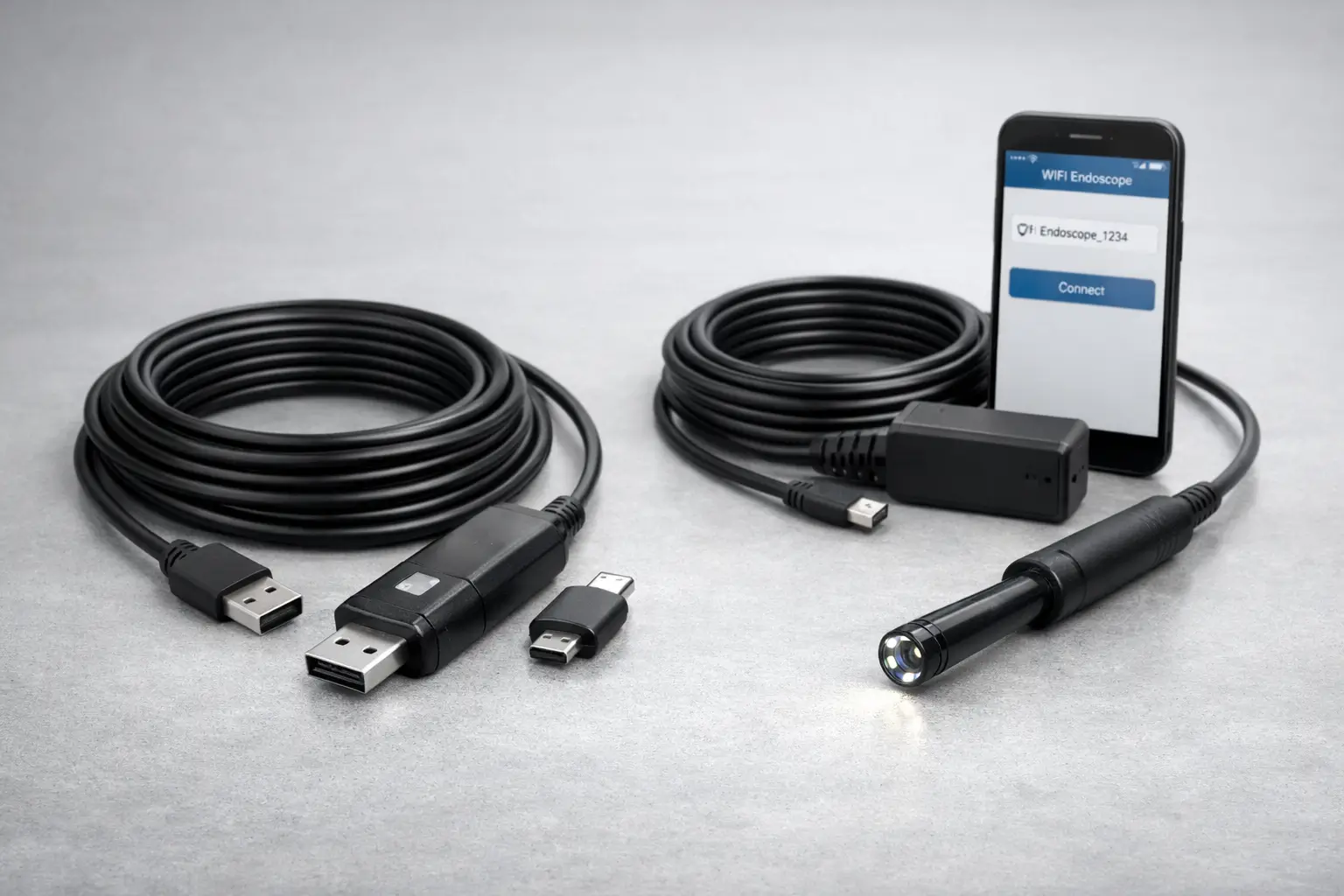 An 8mm endoscope/borescope camera with a 2m cable, shown with USB and WiFi-style connection options