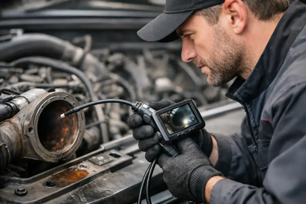 Technician using a flexible endoscope snake camera to inspect the inside of a pipe;
