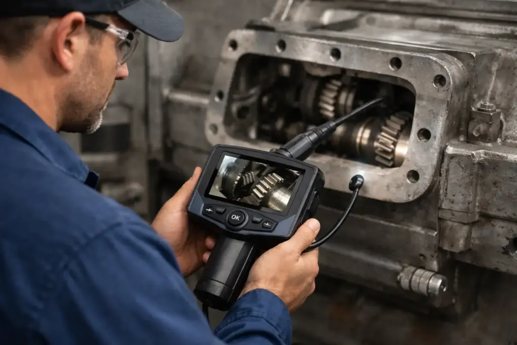 Technician using a handheld borescope inspection camera to view inside a machine cavity