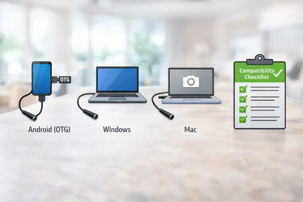 A clean illustration of an inspection/endoscope camera connected to Android (OTG), a Windows laptop, and a Mac, with a simple “compatibility checklist” icon.