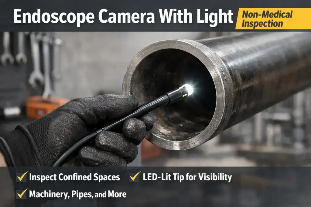 A non-medical inspection borescope/endoscope camera with an LED-lit tip being used to view inside a pipe