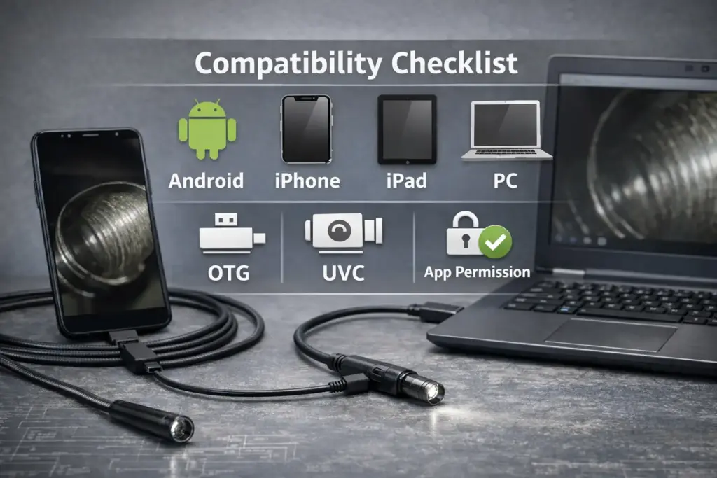 A plug-and-play endoscope camera connected to a phone and a laptop, with a simple “compatibility checklist” overlay (Android/iPhone/iPad/PC) and icons for OTG, UVC, and app permission