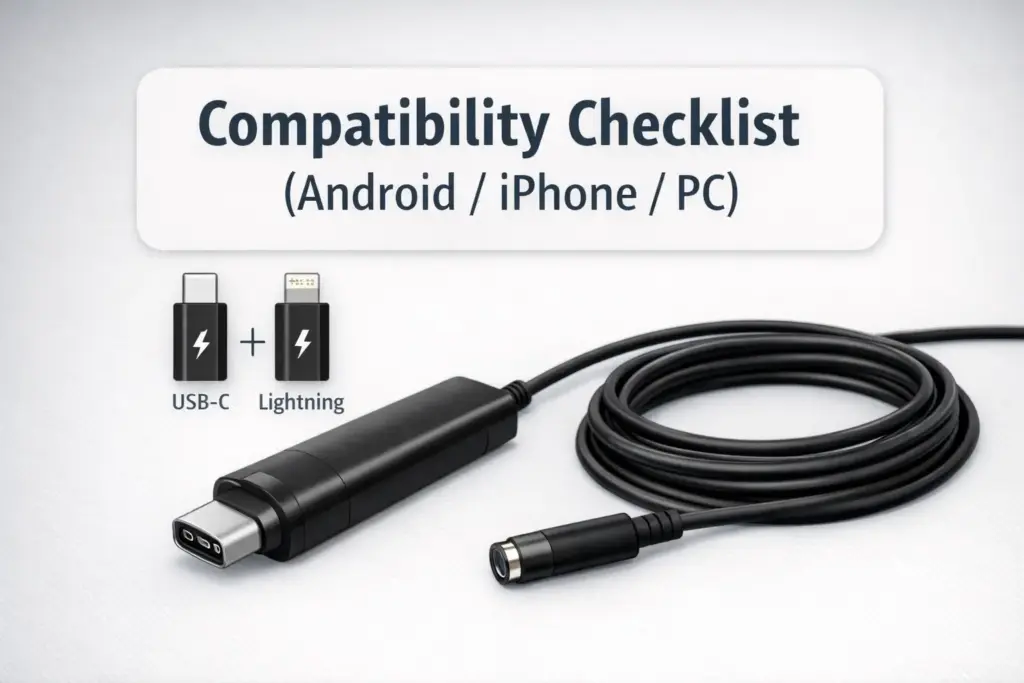 A plug-and-play endoscope camera laid next to USB-C and Lightning adapters, with a simple “Compatibility Checklist” overlay concept