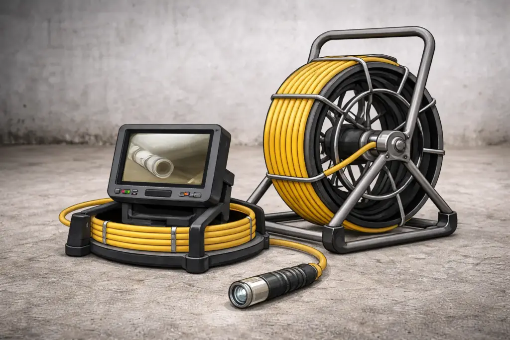 A neutral illustration of a pipe/sewer inspection camera system with a camera head, push cable on a reel, and monitor (no branding)