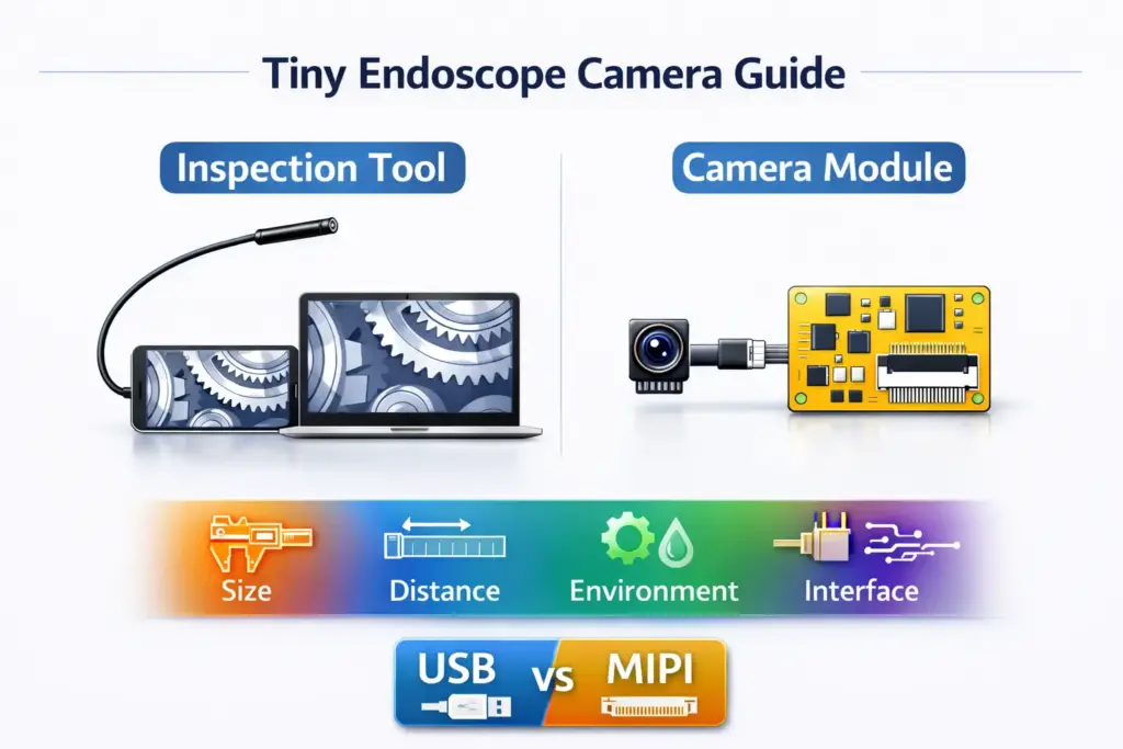 a clean technical illustration of a tiny endoscope camera decision guide showing tool vs module, size and distance inputs, and USB vs MIPI