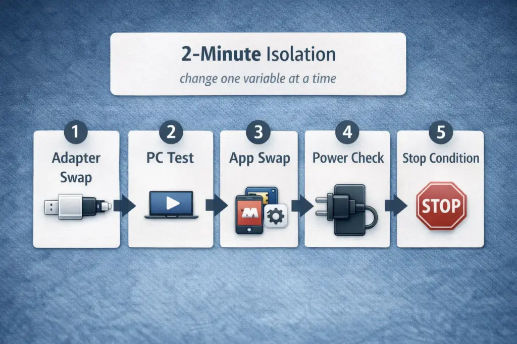 Balayard Plug-and-Play HD Endoscope Camera: Compatibility Checklist, OTG/UVC Setup, and Quick Fixes 3 Simple “2-minute isolation” diagram showing the order: Adapter swap → PC test → App swap → Power check → Stop condition
