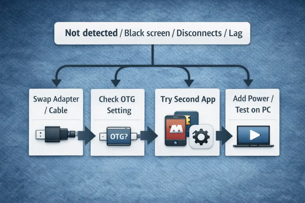 Balayard Plug-and-Play HD Endoscope Camera: Compatibility Checklist, OTG/UVC Setup, and Quick Fixes 2 Troubleshooting flow graphic starting with “Not detected / Black screen / Disconnects / Lag” and branching to adapter, OTG, app, power, and PC baseline tests