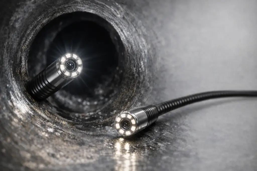 Illuminated endoscope/borescope probe tip with LED ring shining into a dark cavity, with a simple technical “buyer’s guide” look