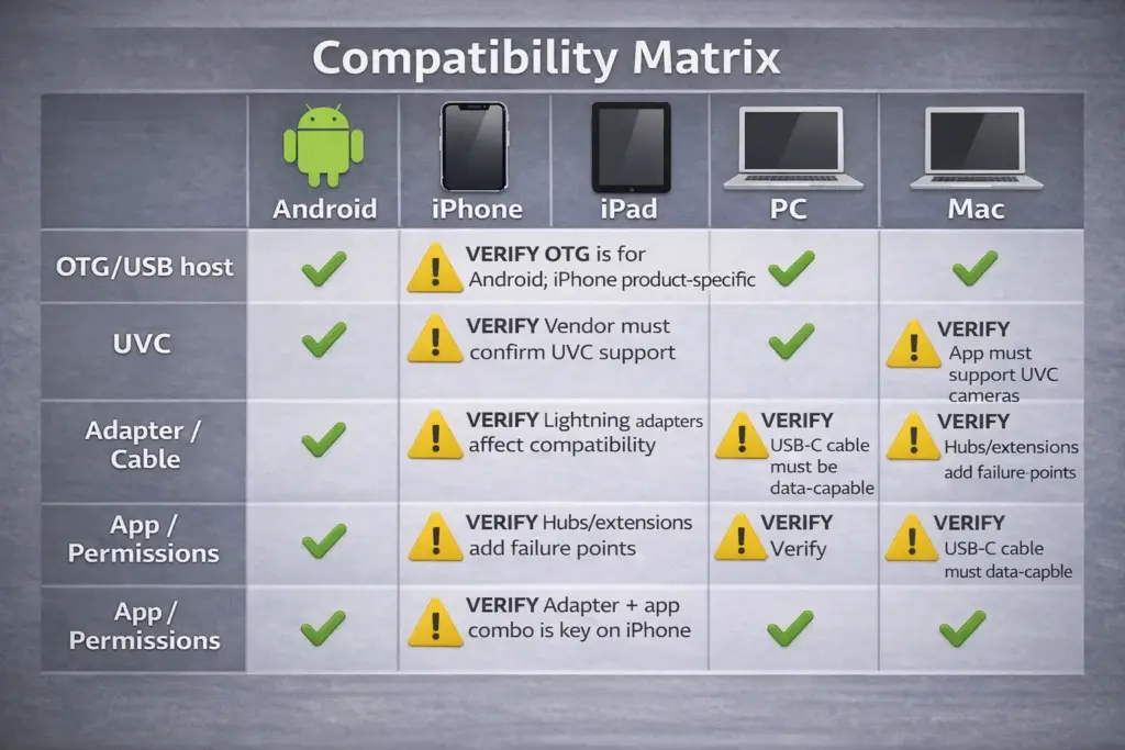 Plug-and-Play Endoscope Camera: Compatibility, Setup, and Fixes 1 Compatibility matrix graphic showing Android, iPhone, iPad, Windows, and Mac with “verify” notes for OTG/USB host, UVC, adapter quality, and app requirements