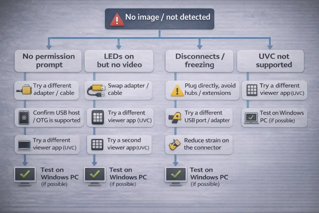 Plug-and-Play Endoscope Camera: Compatibility, Setup, and Fixes 3 Troubleshooting decision tree diagram for USB endoscope cameras with branches for “no permission prompt,” “LEDs on but no video,” “disconnects/freezing,” and “UVC not supported