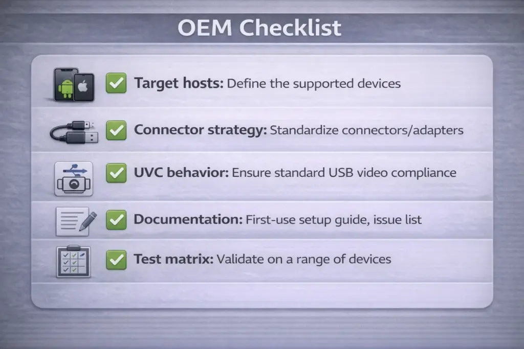 Plug-and-Play Endoscope Camera: Compatibility, Setup, and Fixes 5 OEM checklist graphic showing target hosts, connector strategy, UVC behavior, documentation, and validation test matrix