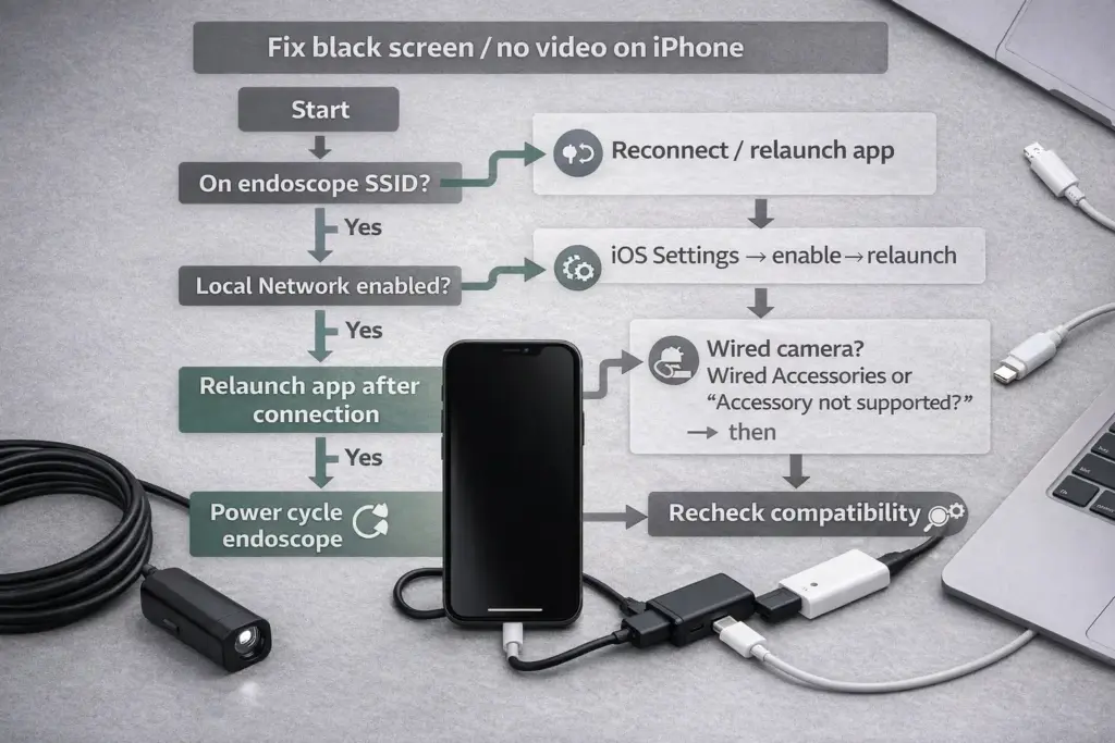 Troubleshooting decision tree for iPhone endoscope black screen: SSID, Local Network permission, app relaunch, device restart