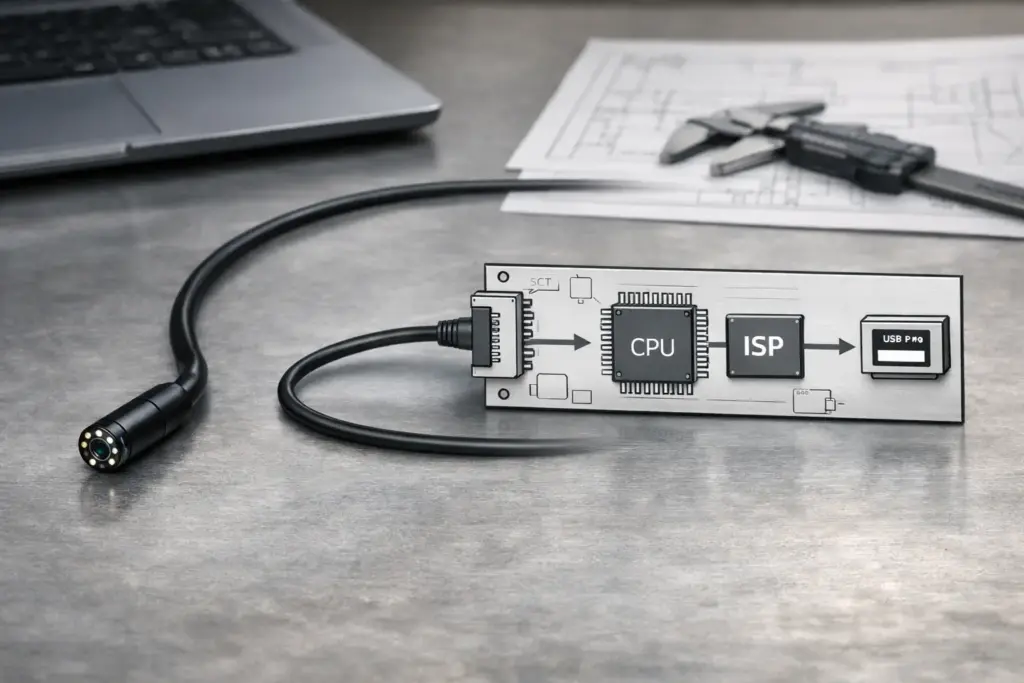 Micro endoscope camera module selection—concept image showing a tiny camera tip, cable, and host device schematic