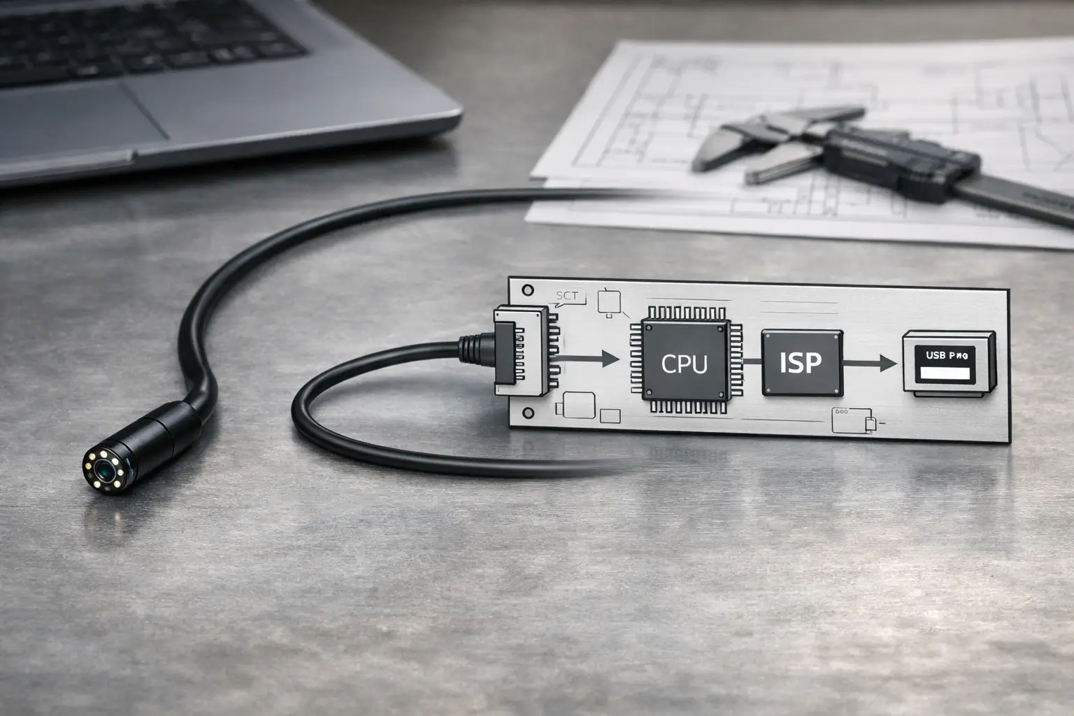 Micro endoscope camera module selection—concept image showing a tiny camera tip, cable, and host device schematic