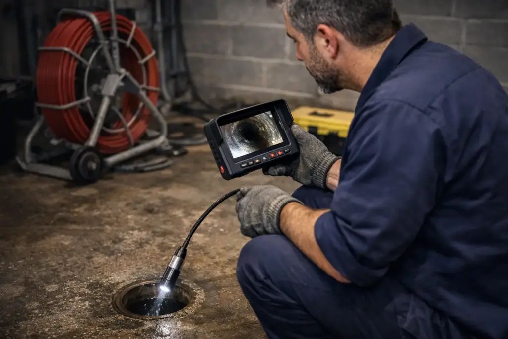 A technician using a pipe inspection camera to inspect a drain line, showing the camera head and display in a realistic job setting