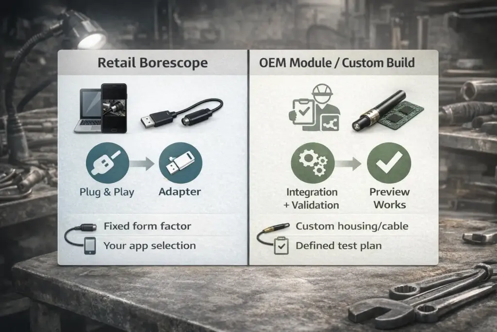 Simple comparison graphic: “Retail borescope” vs “OEM module/custom build” with icons for integration ownership 