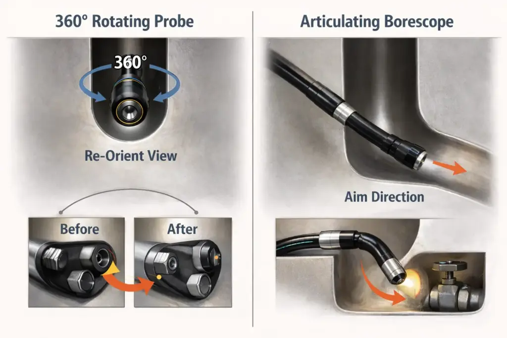 Diagram showing a rotating-probe borescope and an articulating borescope tip for inspection tasks