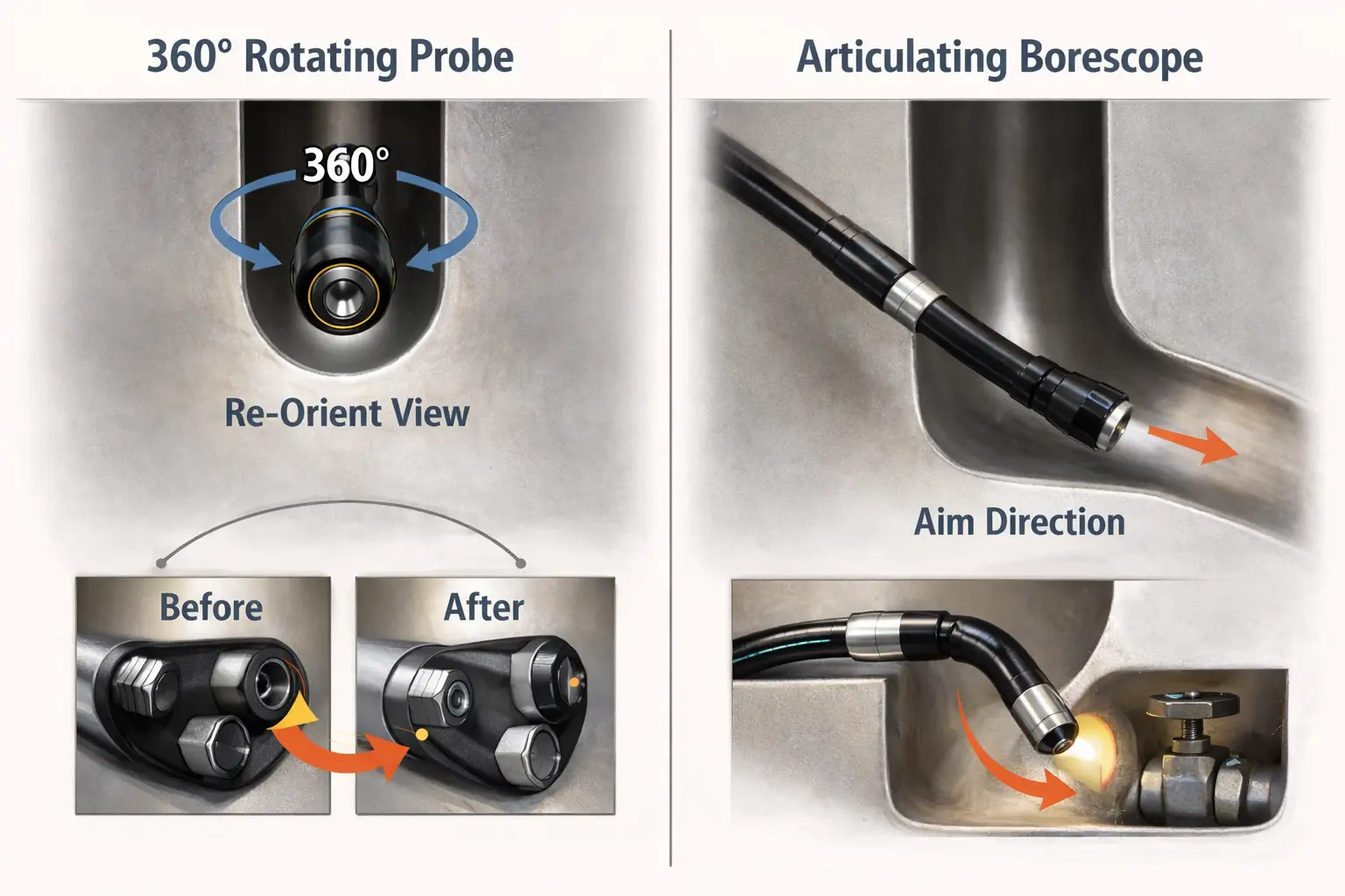 Diagram showing a rotating-probe borescope and an articulating borescope tip for inspection tasks