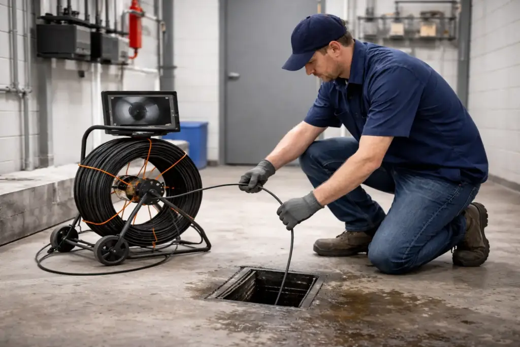 Technician using a long-cable inspection camera to inspect a drain pipe