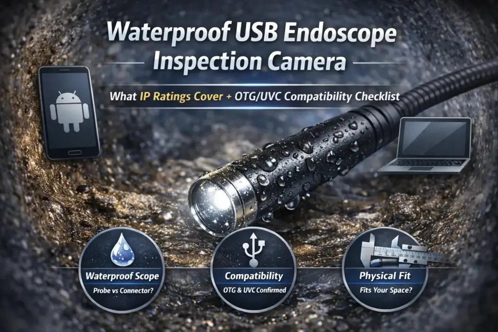 Waterproof USB endoscope inspection camera concept with a wet probe area and icons for Android phone and PC;